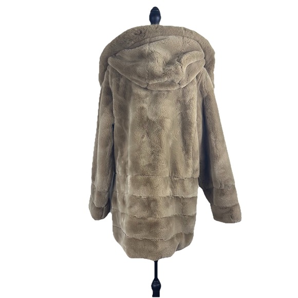 Gallery New York Womens L Hooded Faux Fur Coat Tan Plush Warm Satin Lined Jacket - Picture 16 of 16